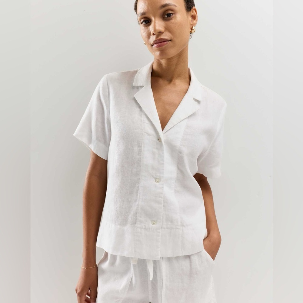 Nicole Miller White 100% Linen Button Down Shirt Short Sleeveless Loose Fit Sz S - Picture 12 of 12